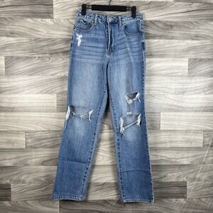 Cello Jeans Womens Junior 3 Blue Ripped Distressed Straight Leg Jeans Light Wash